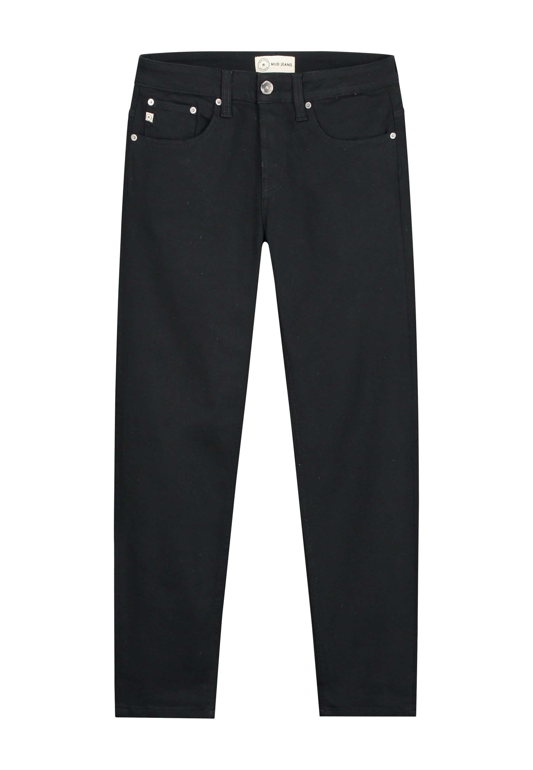 Sustainable MUD Jeans in black denim, ethically crafted, featuring a sleek classic fit for eco-friendly style.