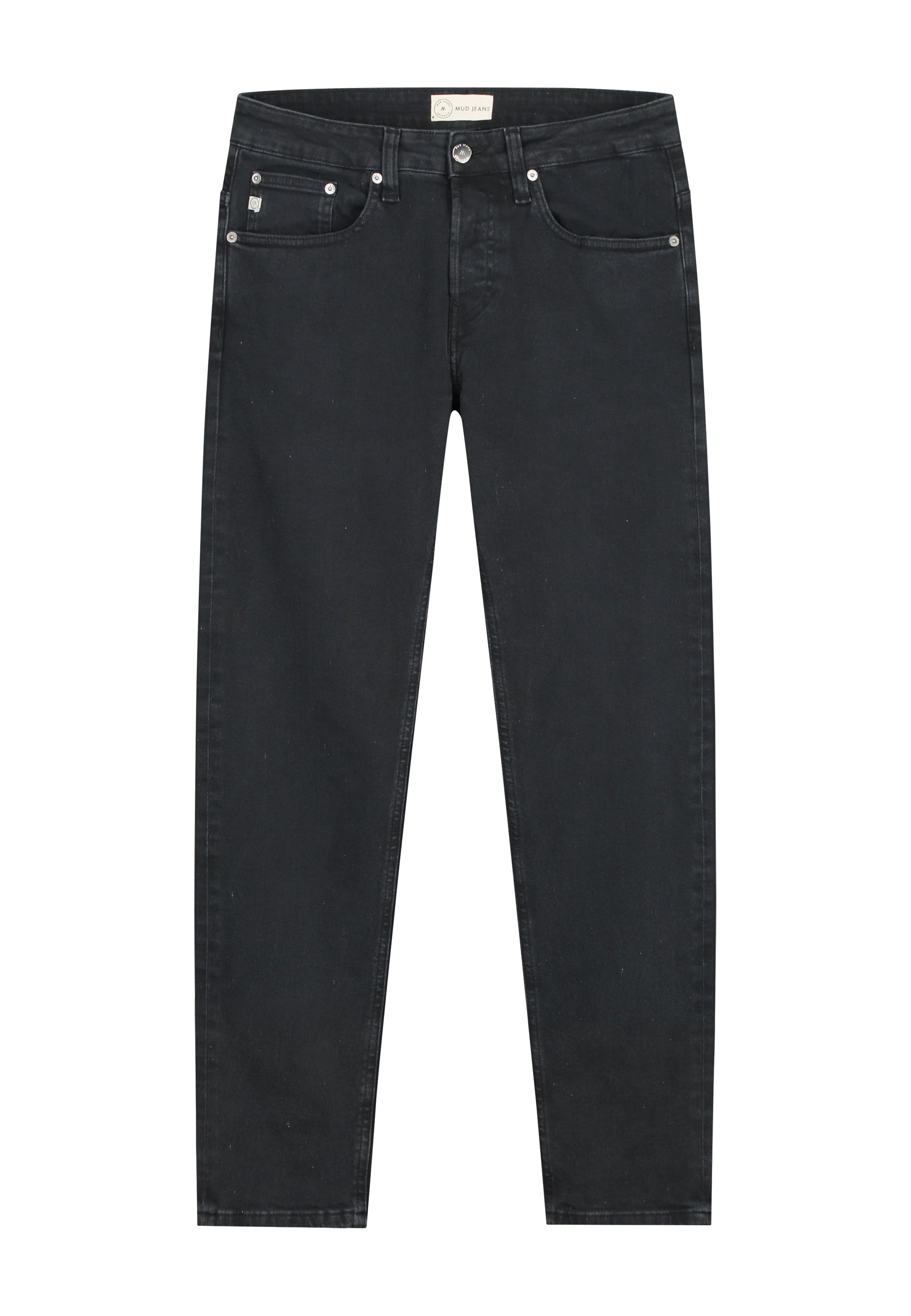 Sustainable MUD Jeans in deep black, slim fit design crafted from ethical materials, paired with a white shirt.