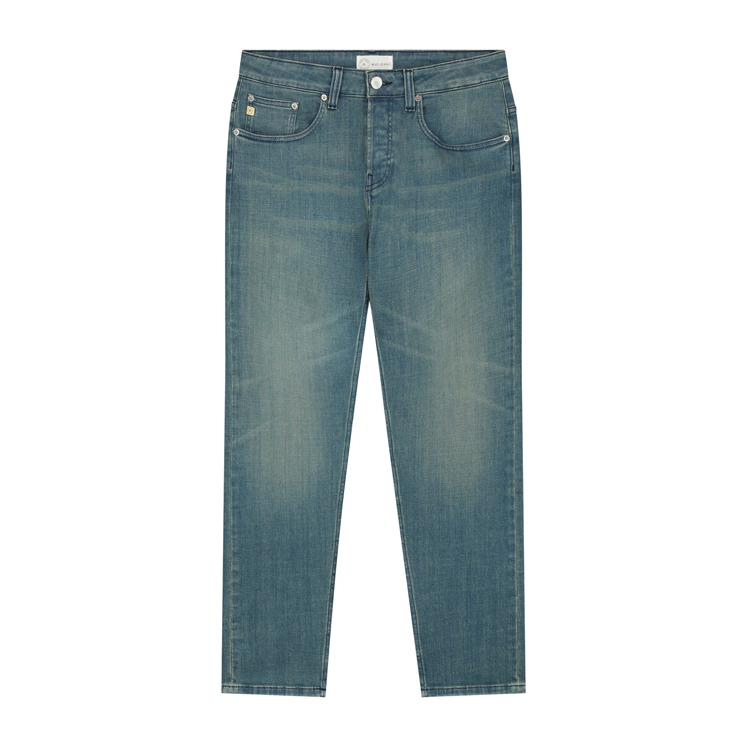 Sustainable MUD Jeans in classic fit, crafted from ethical materials, dark blue denim with subtle fading.