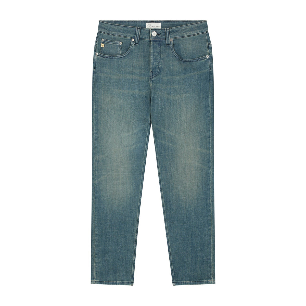 Sustainable MUD Jeans in classic fit, crafted from ethical materials, dark blue denim with subtle fading.