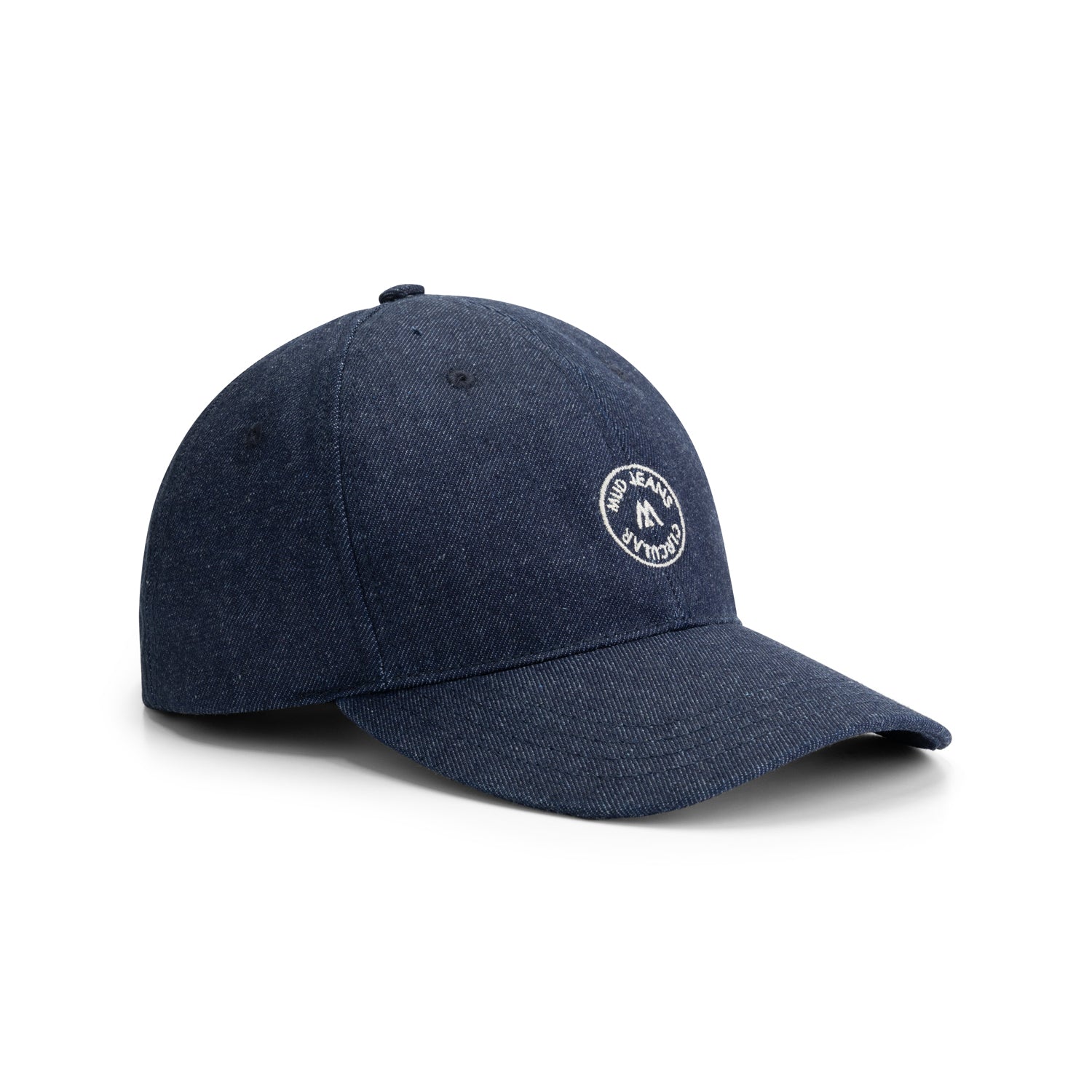 Dark blue circular denim cap with embroidered logo, featuring sustainable materials for eco-friendly fashion.
