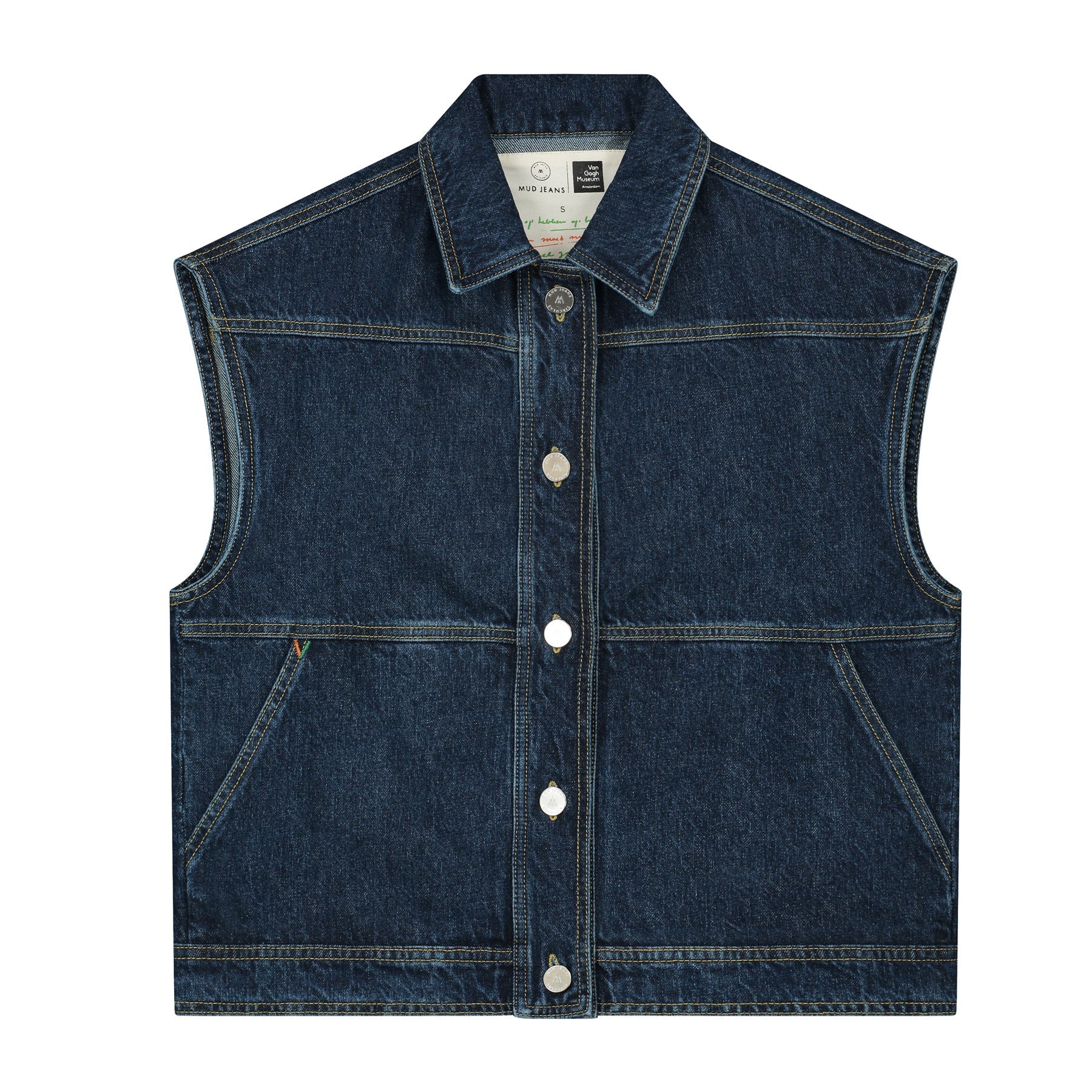 Dark blue sleeveless denim vest with button-up front and two large front pockets, featuring sustainable design by MUD Jeans.