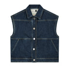 Dark blue sleeveless denim vest with button-up front and two large front pockets, featuring sustainable design by MUD Jeans.