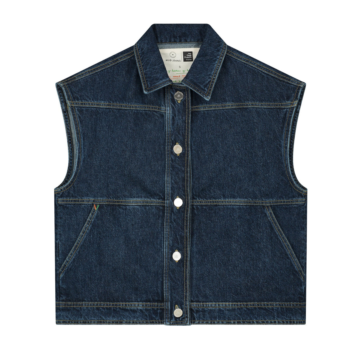 Dark blue sleeveless denim vest with button-up front and two large front pockets, featuring sustainable design by MUD Jeans.