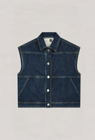 Denim MUD Jeans vest with button-up front, sleeveless design, and pointed collar on neutral background.
