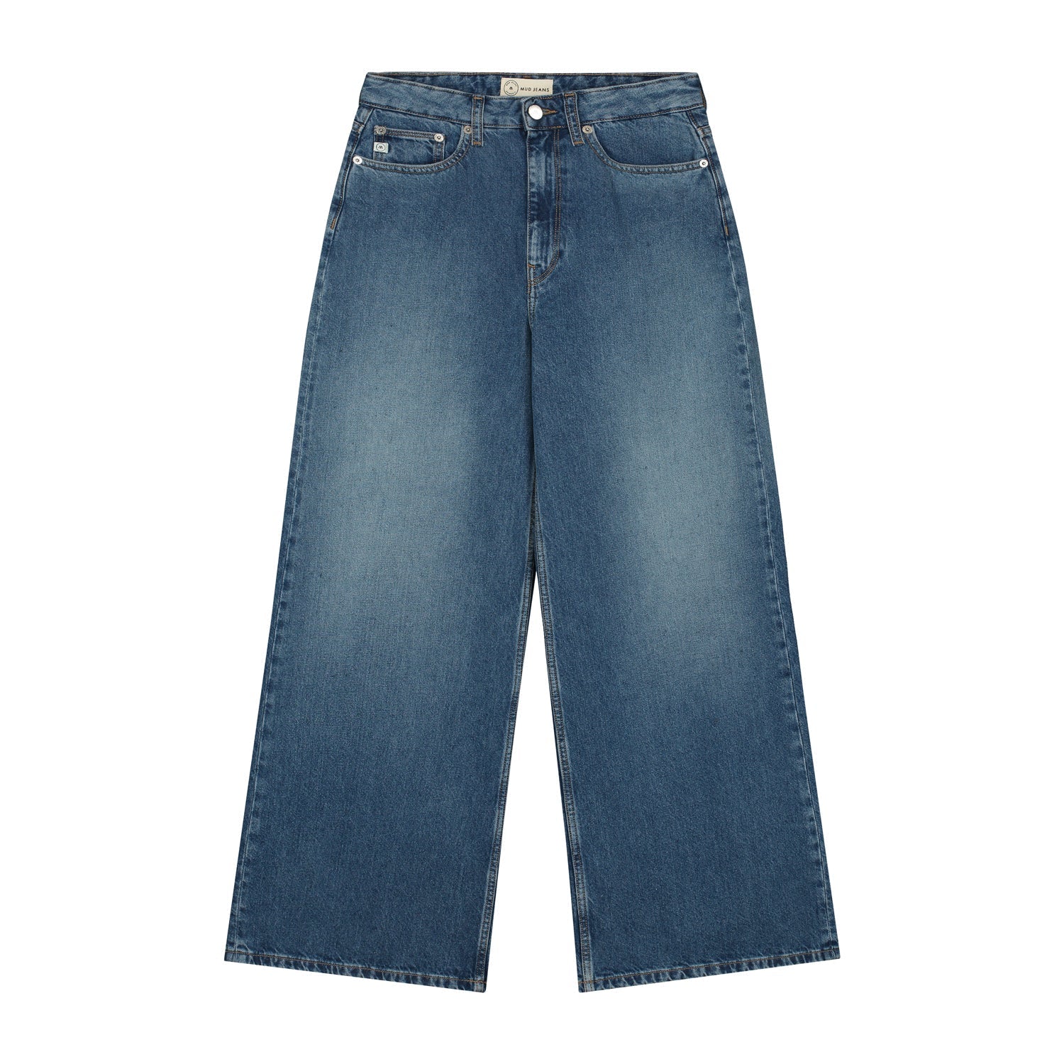 Wide-leg blue jeans made from sustainable materials, featuring a classic five-pocket design and a high-rise waist.