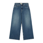 Wide-leg blue jeans made from sustainable materials, featuring a classic five-pocket design and a high-rise waist.