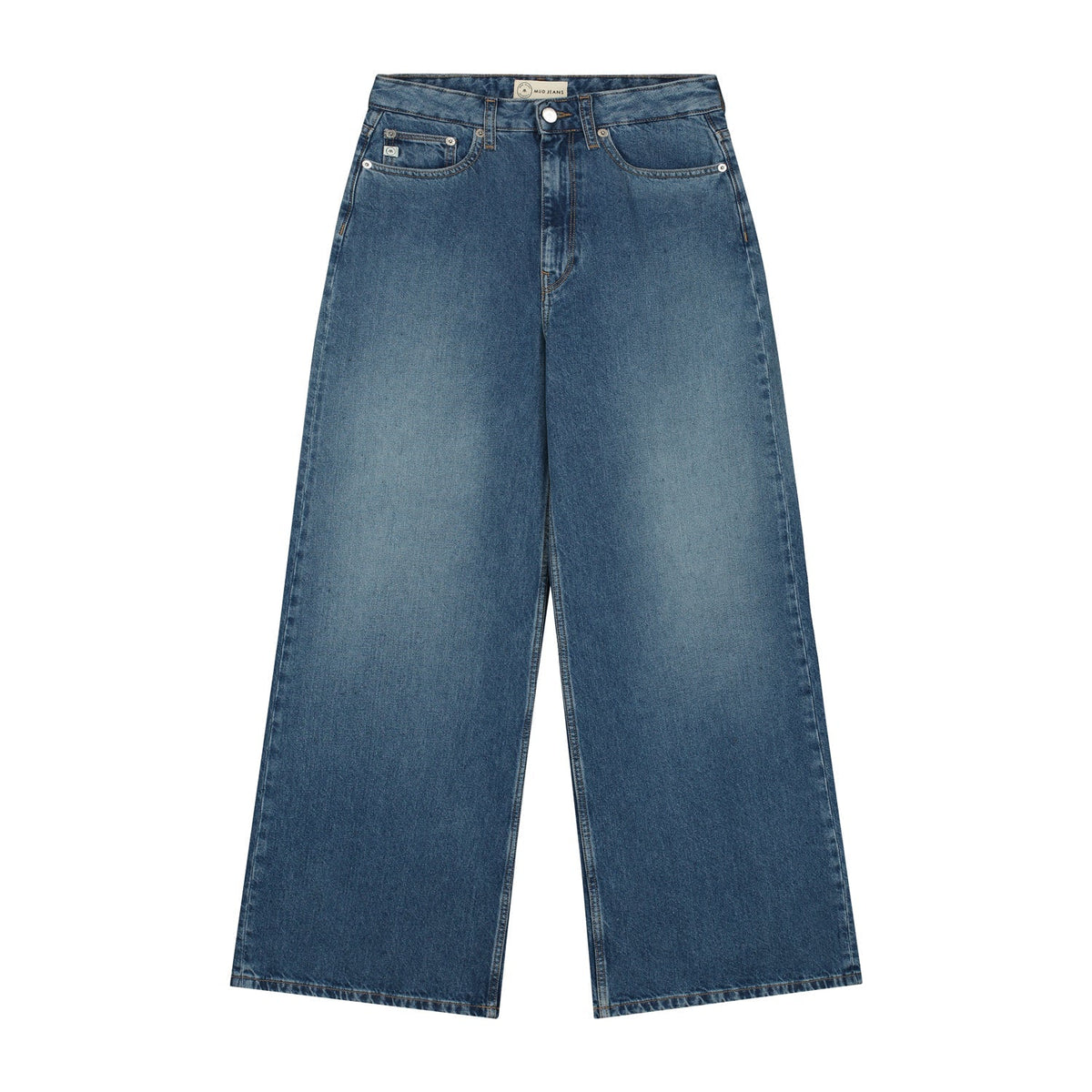 Wide-leg blue jeans made from sustainable materials, featuring a classic five-pocket design and a high-rise waist.