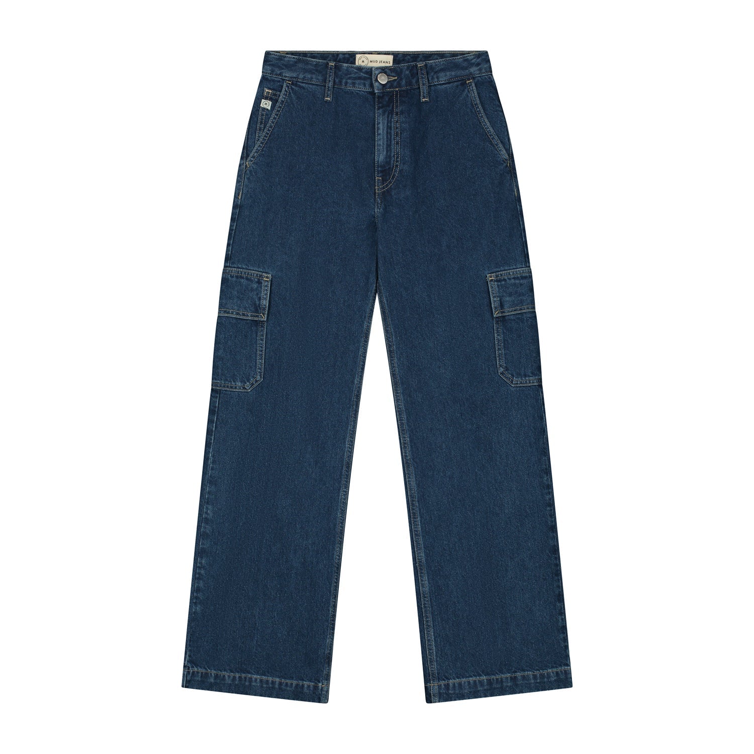 Dark blue denim cargo pants featuring multiple pockets, straight-leg fit, and button closure, emphasizing sturdy fabric design.