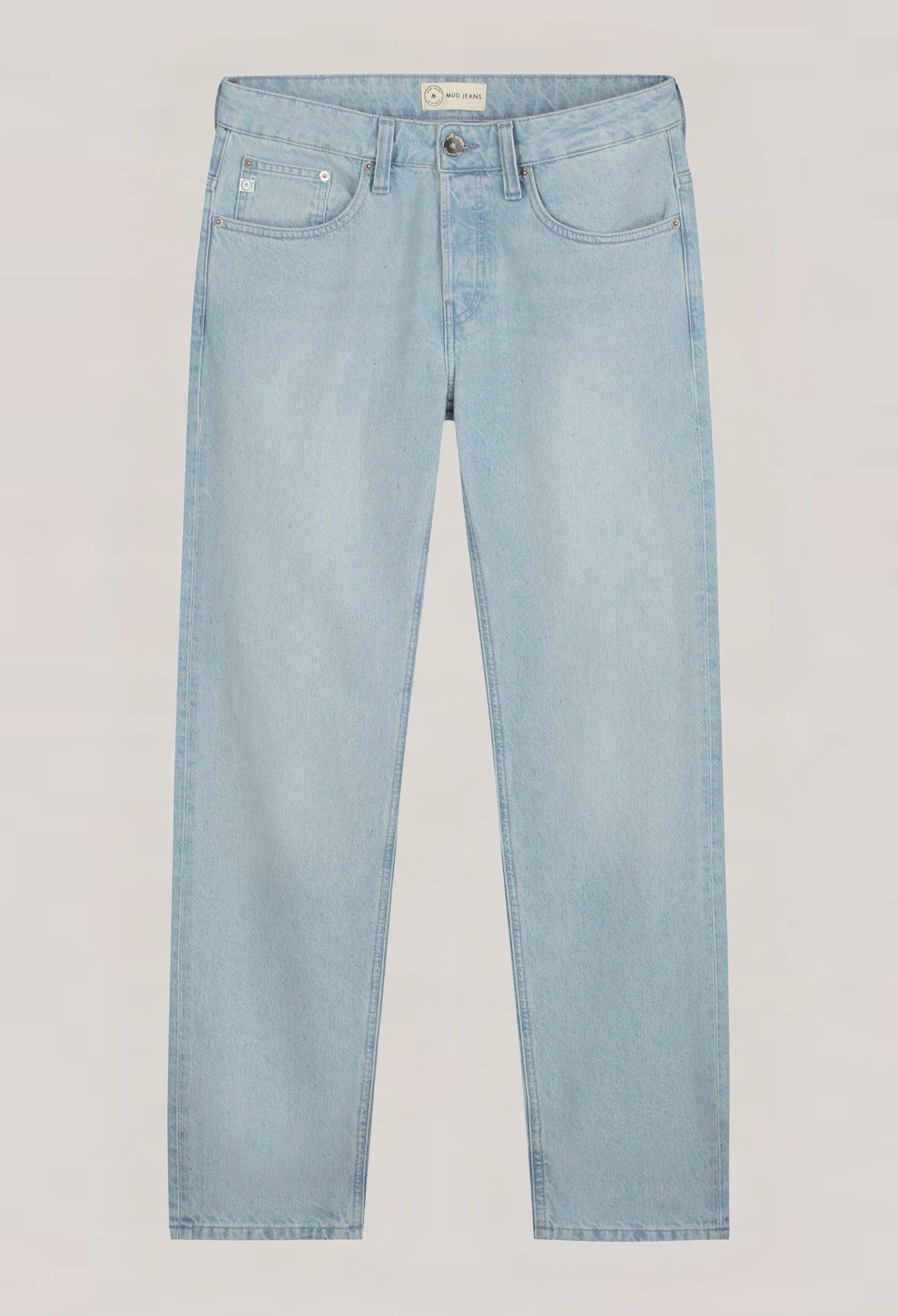 Light blue MUD Jeans made from organic cotton, featuring a straight-leg fit and classic five-pocket design.