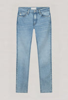 Light blue slim-fit denim jeans, crafted from organic cotton by MUD Jeans, showcasing classic pocket details.