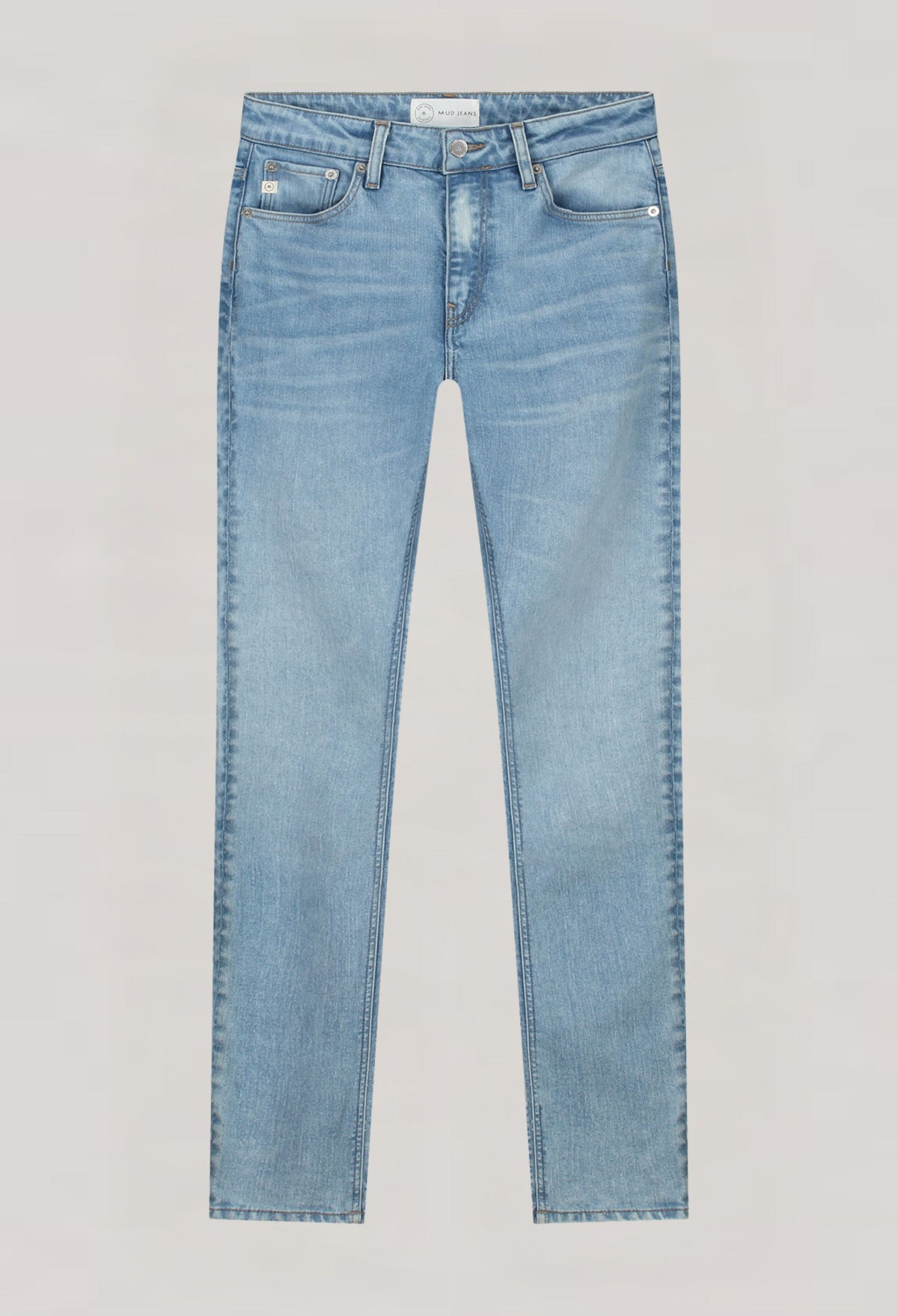 Light blue slim-fit denim jeans, crafted from organic cotton by MUD Jeans, showcasing classic pocket details.
