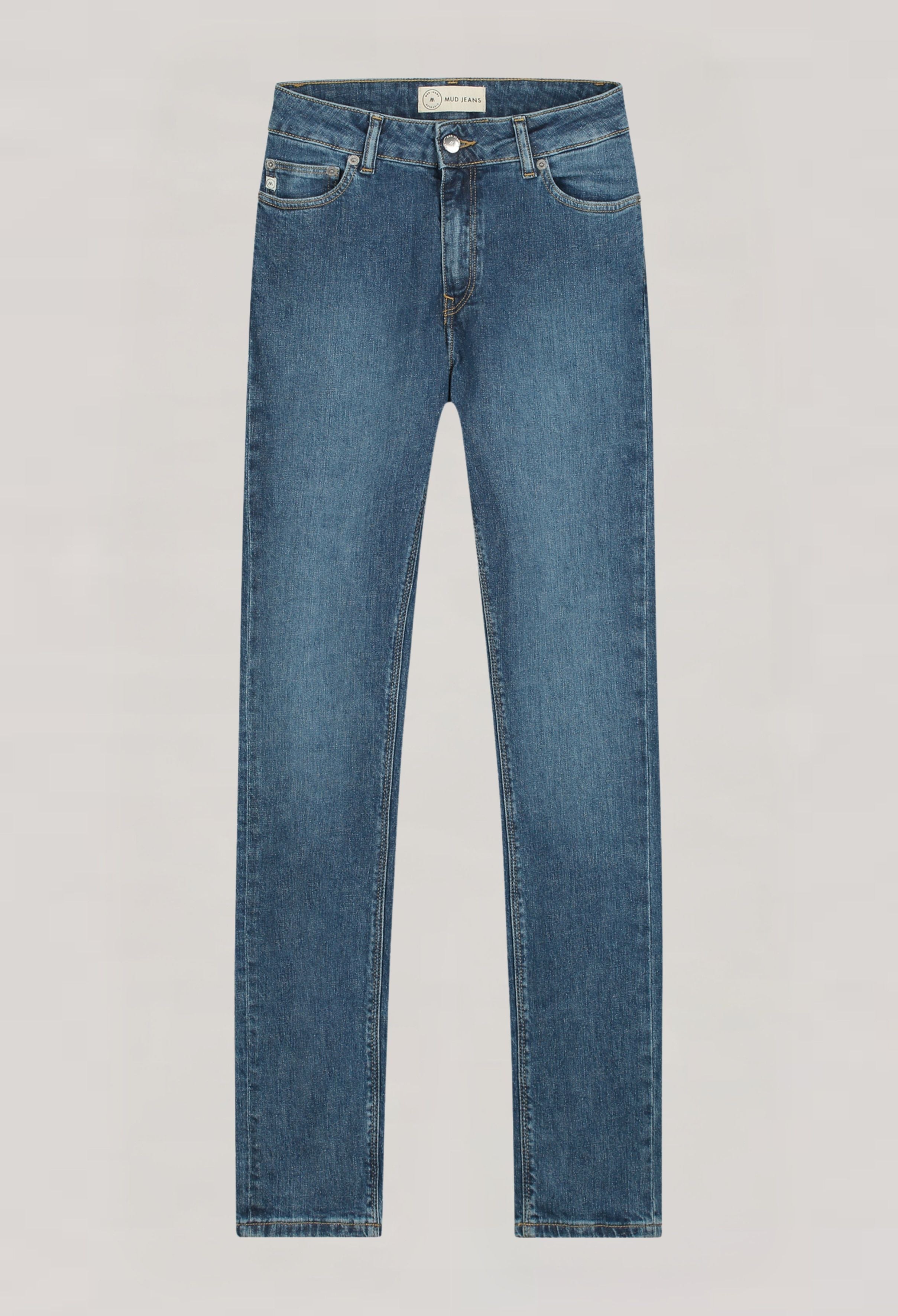 Blue denim jeans from MUD Jeans, featuring a classic straight-leg fit with reinforced stitching, crafted from organic cotton.