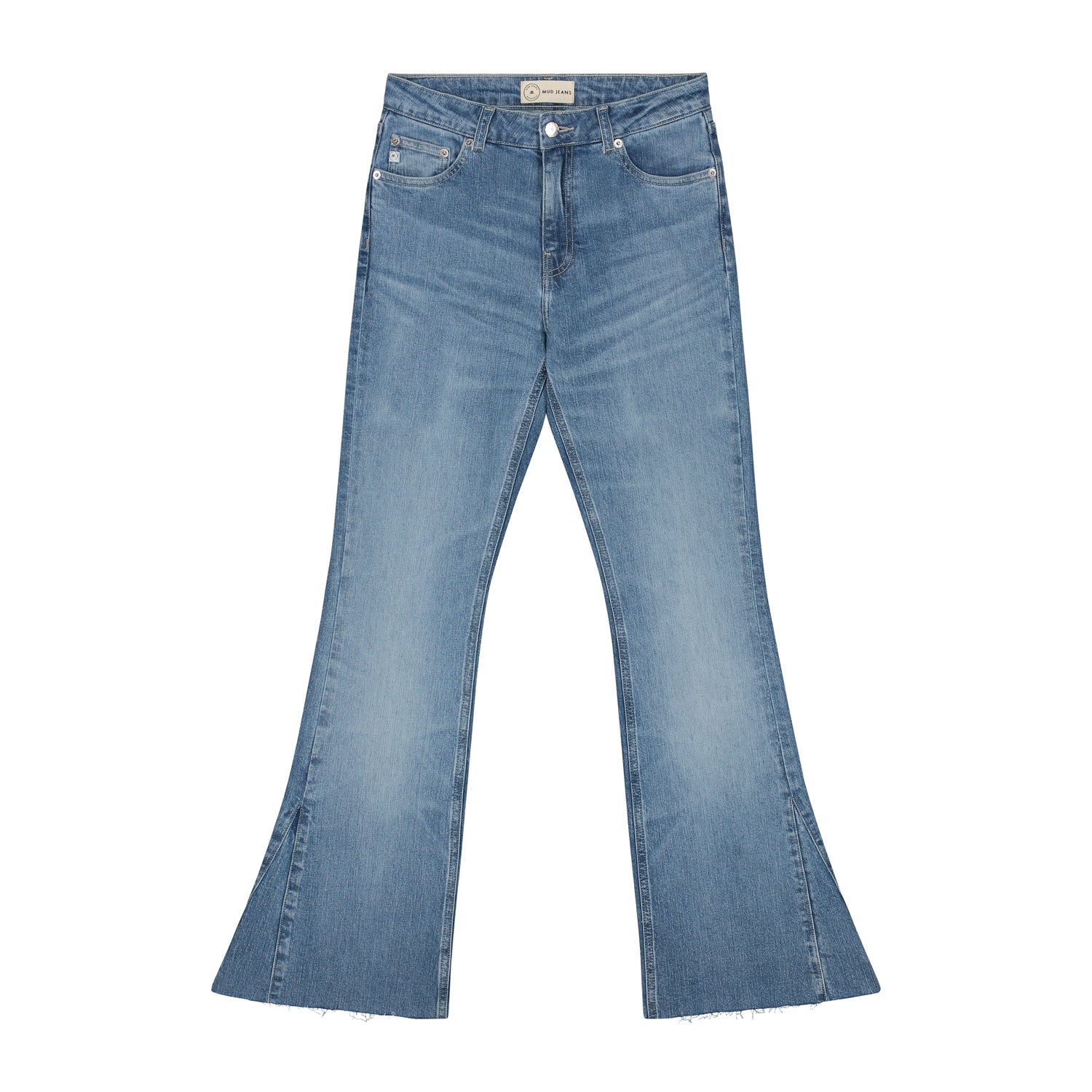 Light blue flare jeans with a slightly frayed hem, showcasing a vintage-inspired design and classic five-pocket style.