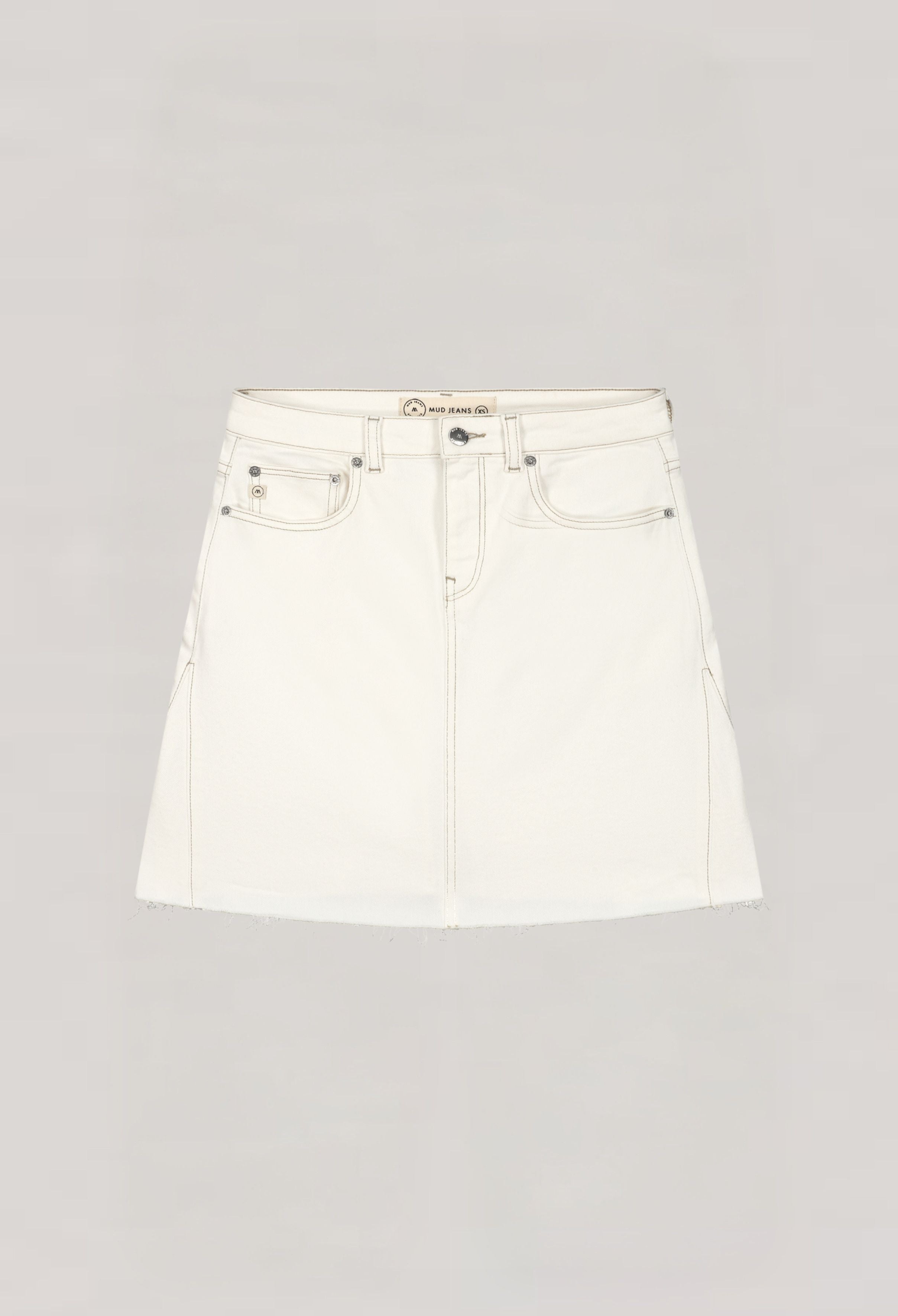 A stylish white denim mini skirt by MUD Jeans, featuring a classic five-pocket design and sustainable fabric.