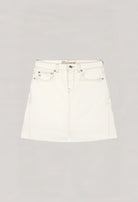 A stylish white denim mini skirt by MUD Jeans, featuring a classic five-pocket design and sustainable fabric.