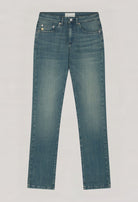 Light blue, eco-friendly slim-fit jeans by MUD Jeans, crafted from organic cotton, showcasing classic stitching and five-pocket design.