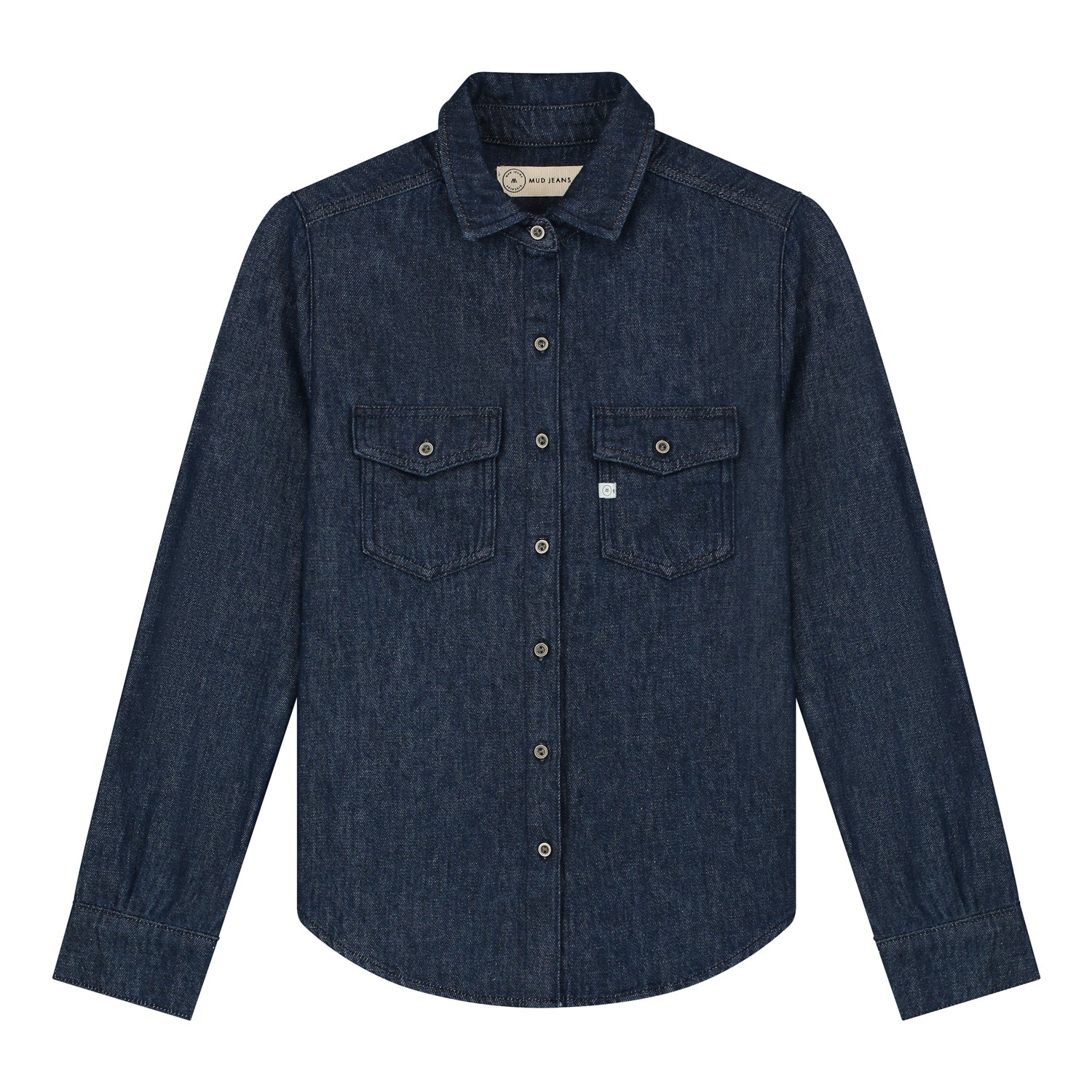 Dark blue denim shirt with button-up front and two chest pockets, featuring sustainable fabric by MUD Jeans.
