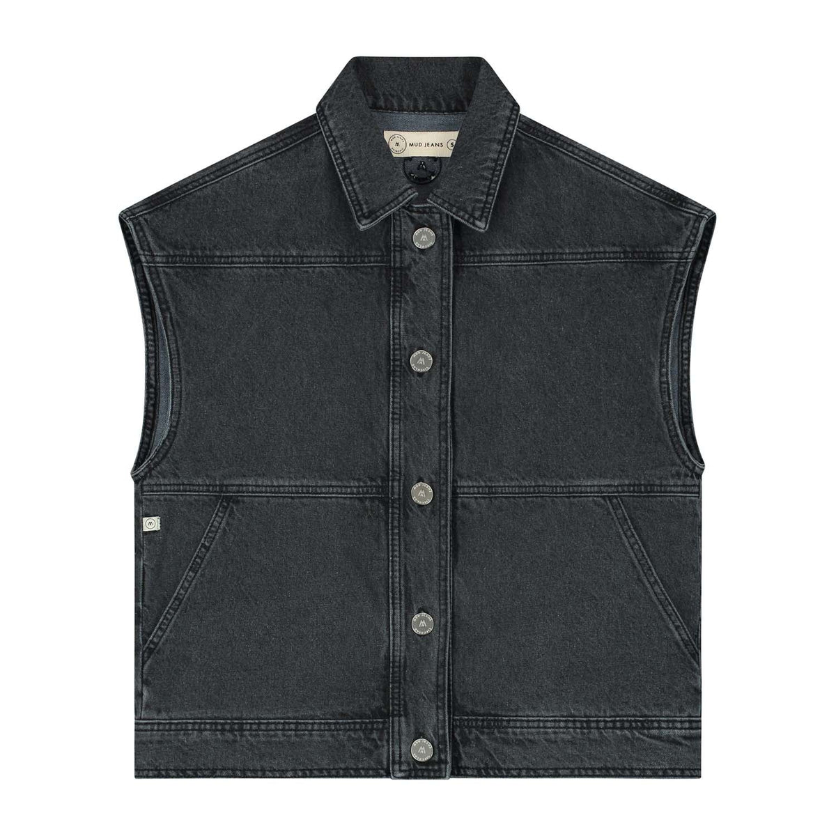 Sleeveless black denim vest by MUD Jeans with button closure and front pockets, showcasing sustainable fashion.
