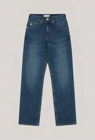 Classic denim jeans in medium blue with a straight-leg cut, featuring five pockets and button closure.
