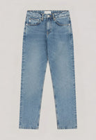 Stylish light blue, straight-leg jeans from MUD Jeans made with sustainable organic cotton, front view on a white background.