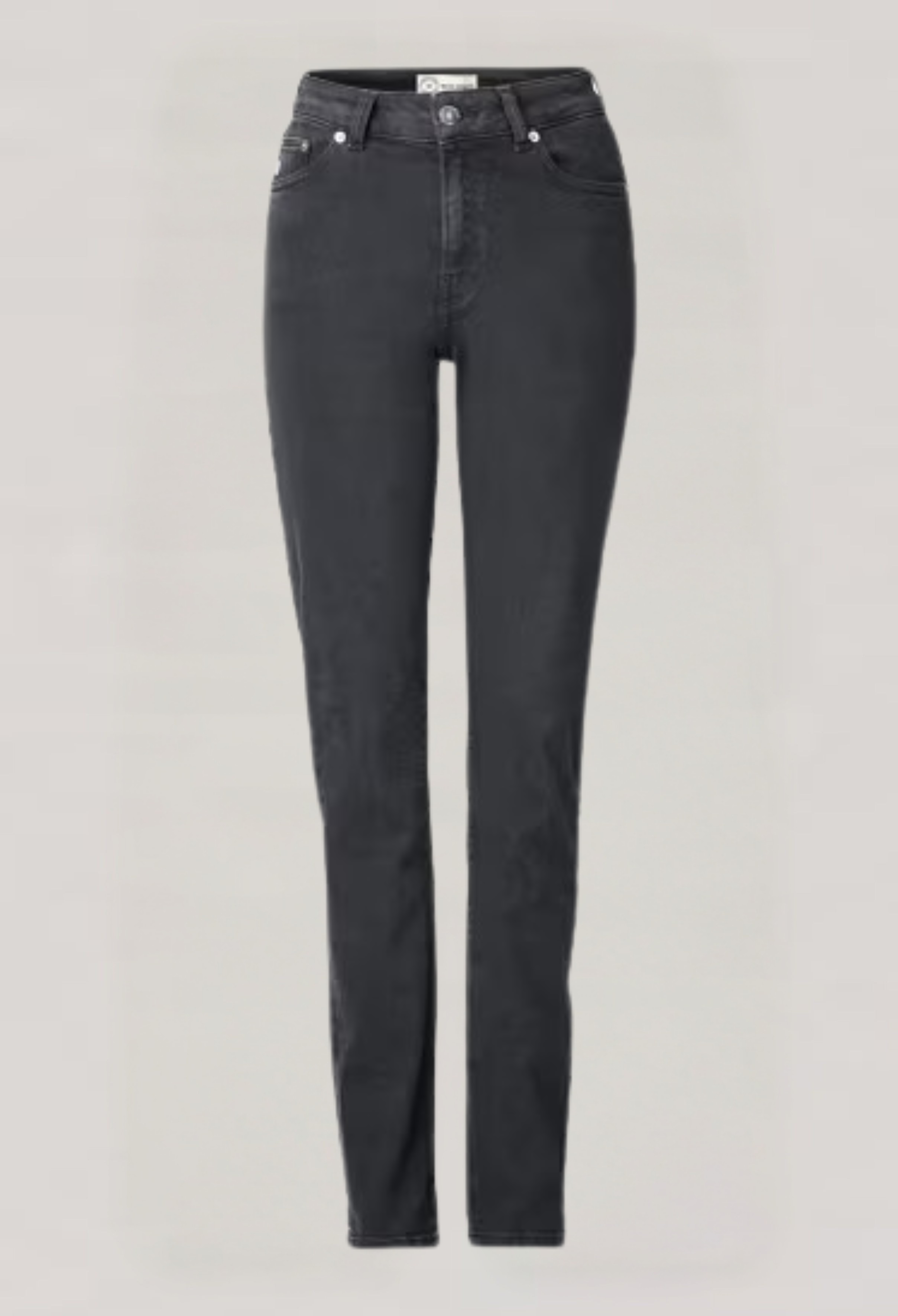 Dark gray slim-fit denim jeans by Armedangels, showcasing a high-waisted design with button closure and front pockets.