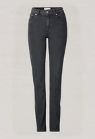 Dark gray slim-fit denim jeans by Armedangels, showcasing a high-waisted design with button closure and front pockets.