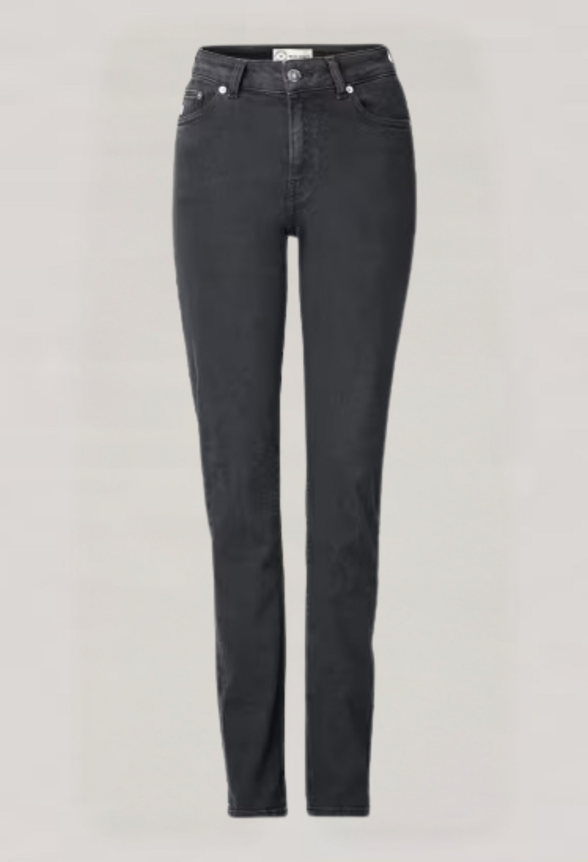 Dark gray slim-fit denim jeans by Armedangels, showcasing a high-waisted design with button closure and front pockets.