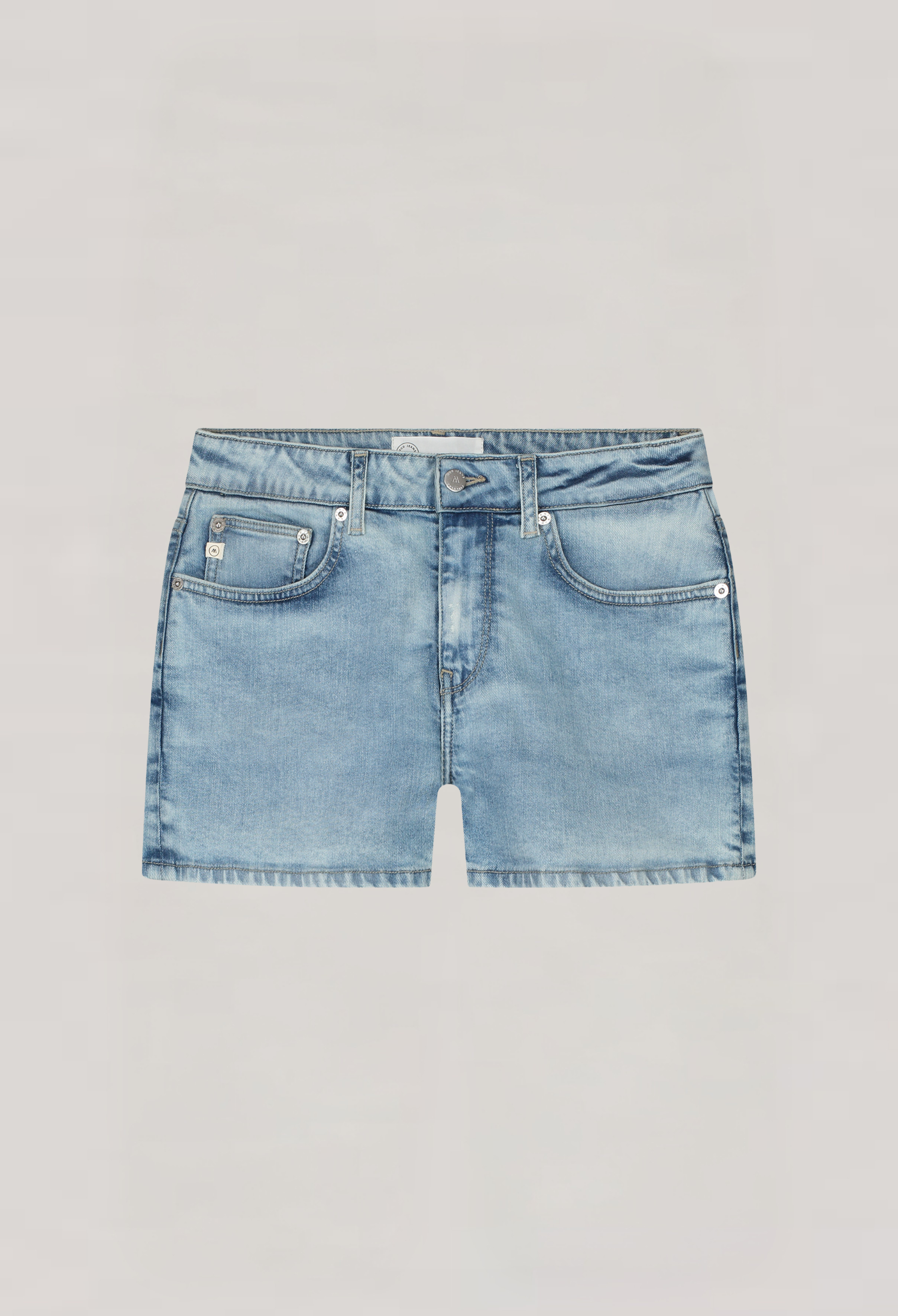 Light blue denim shorts with a classic five-pocket design, featuring a button closure and subtle faded detailing.