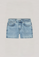 Light blue denim shorts with a classic five-pocket design, featuring a button closure and subtle faded detailing.