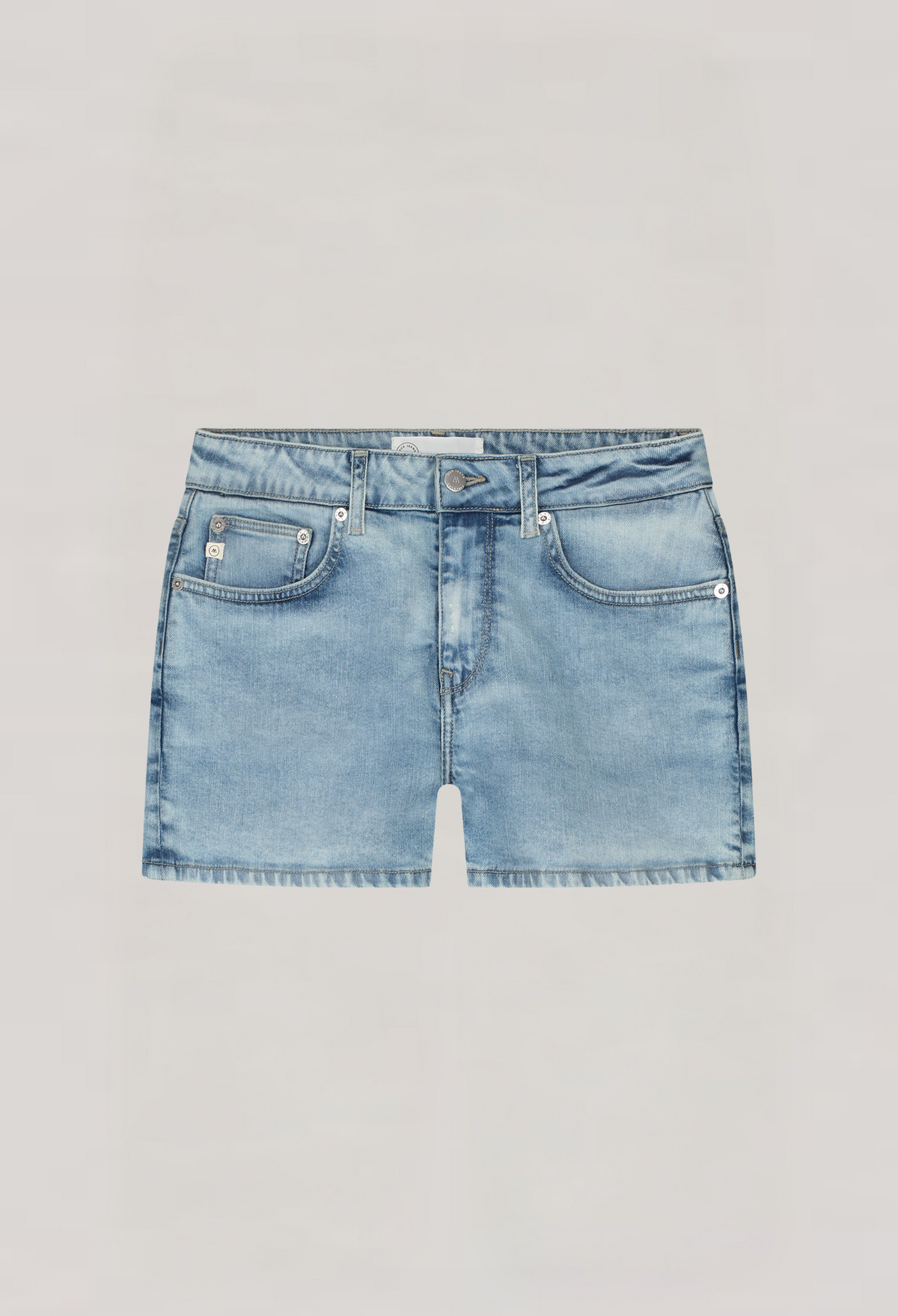 Light blue denim shorts with a classic five-pocket design, featuring a button closure and subtle faded detailing.