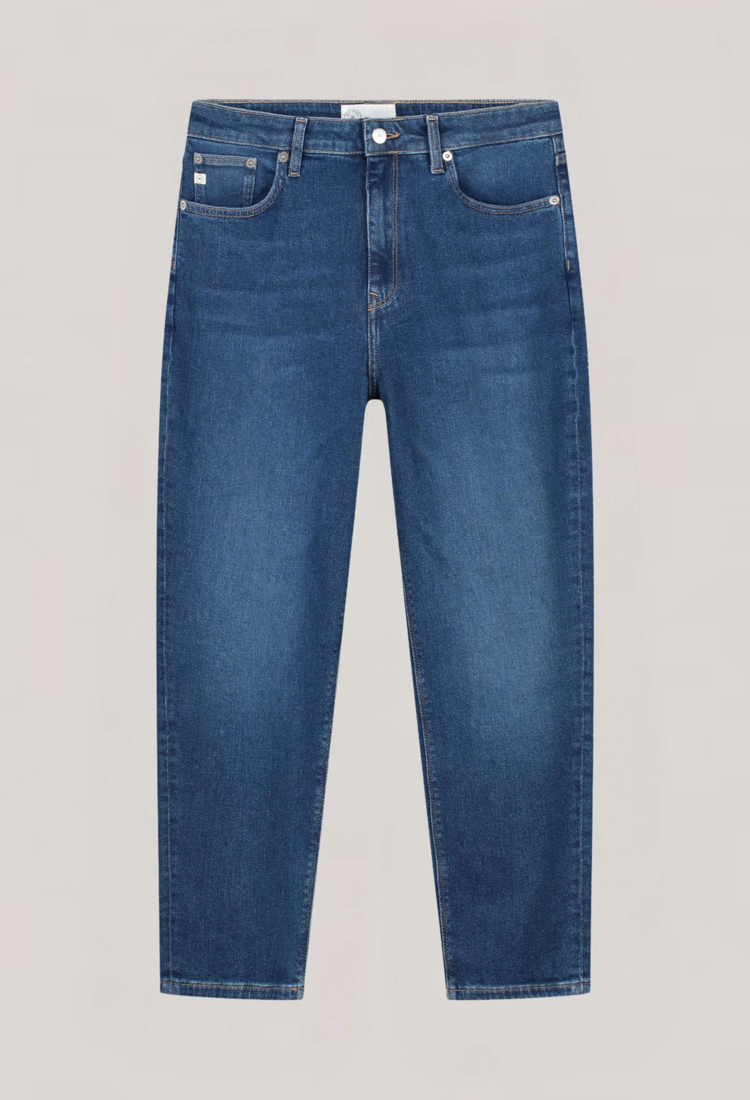 Classic blue denim jeans with a straight-leg cut, featuring a high waist and five-pocket design against a plain background.