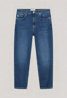 Classic blue denim jeans with a straight-leg cut, featuring a high waist and five-pocket design against a plain background.