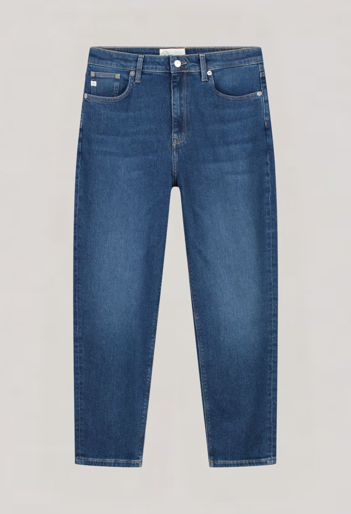 Classic blue denim jeans with a straight-leg cut, featuring a high waist and five-pocket design against a plain background.