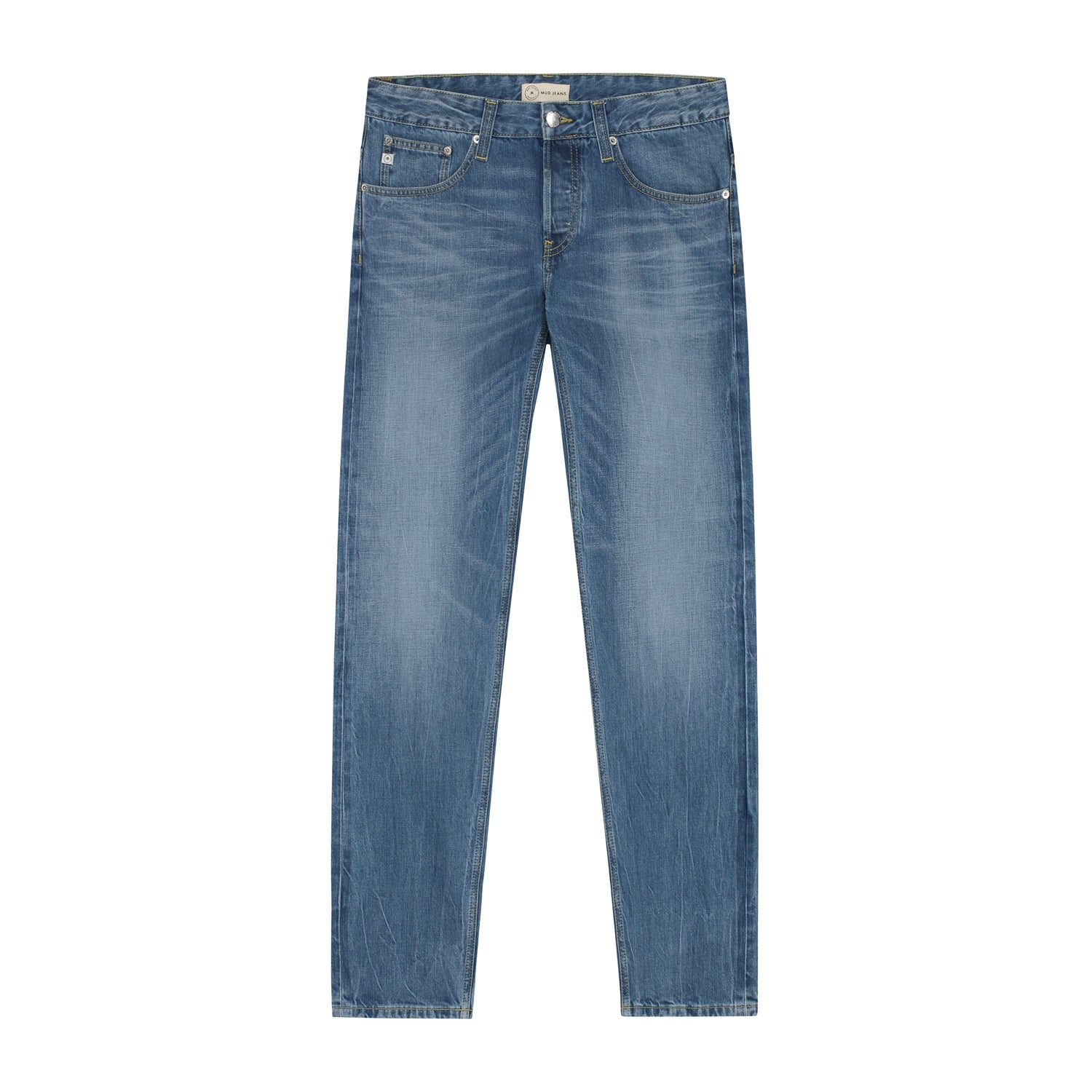 Sustainable light blue denim shirt by MUD Jeans, featuring ethical craftsmanship, long sleeves, and a classic collar.