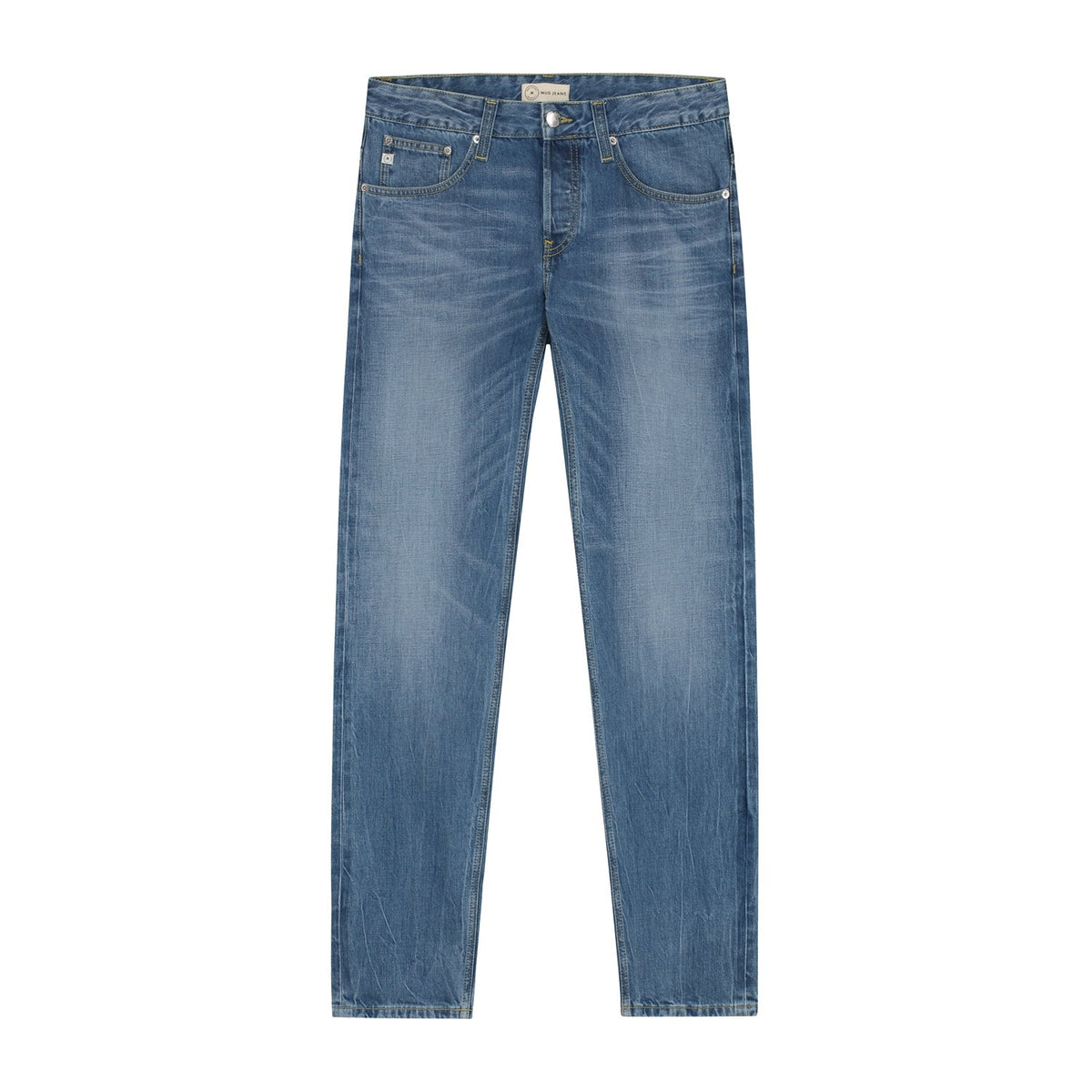 Sustainable light blue denim shirt by MUD Jeans, featuring ethical craftsmanship, long sleeves, and a classic collar.